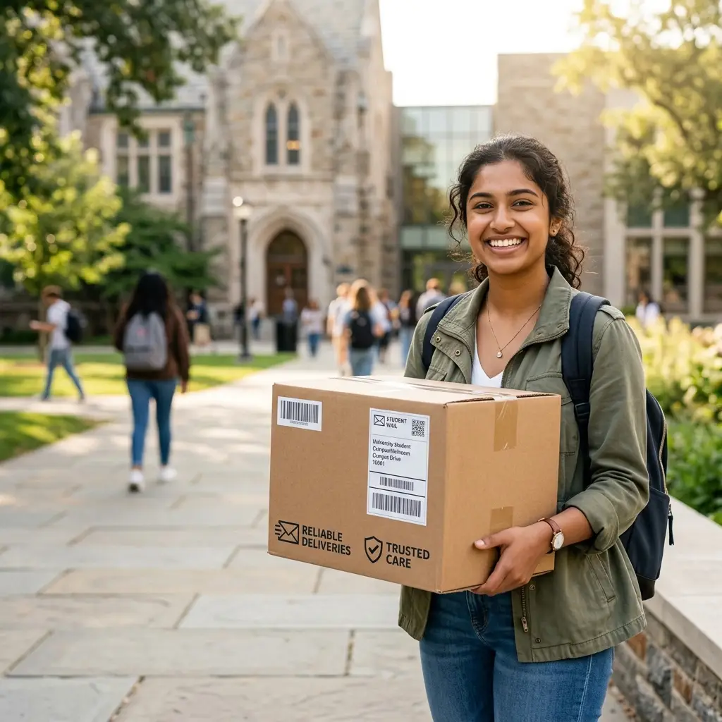 Student holding a shipping box on campus